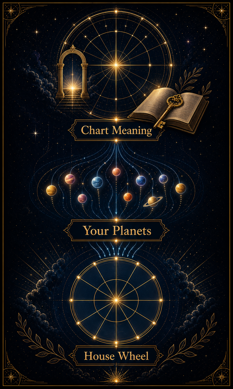 Astrology houses integration image showing house wheel, your planets, and chart meaning