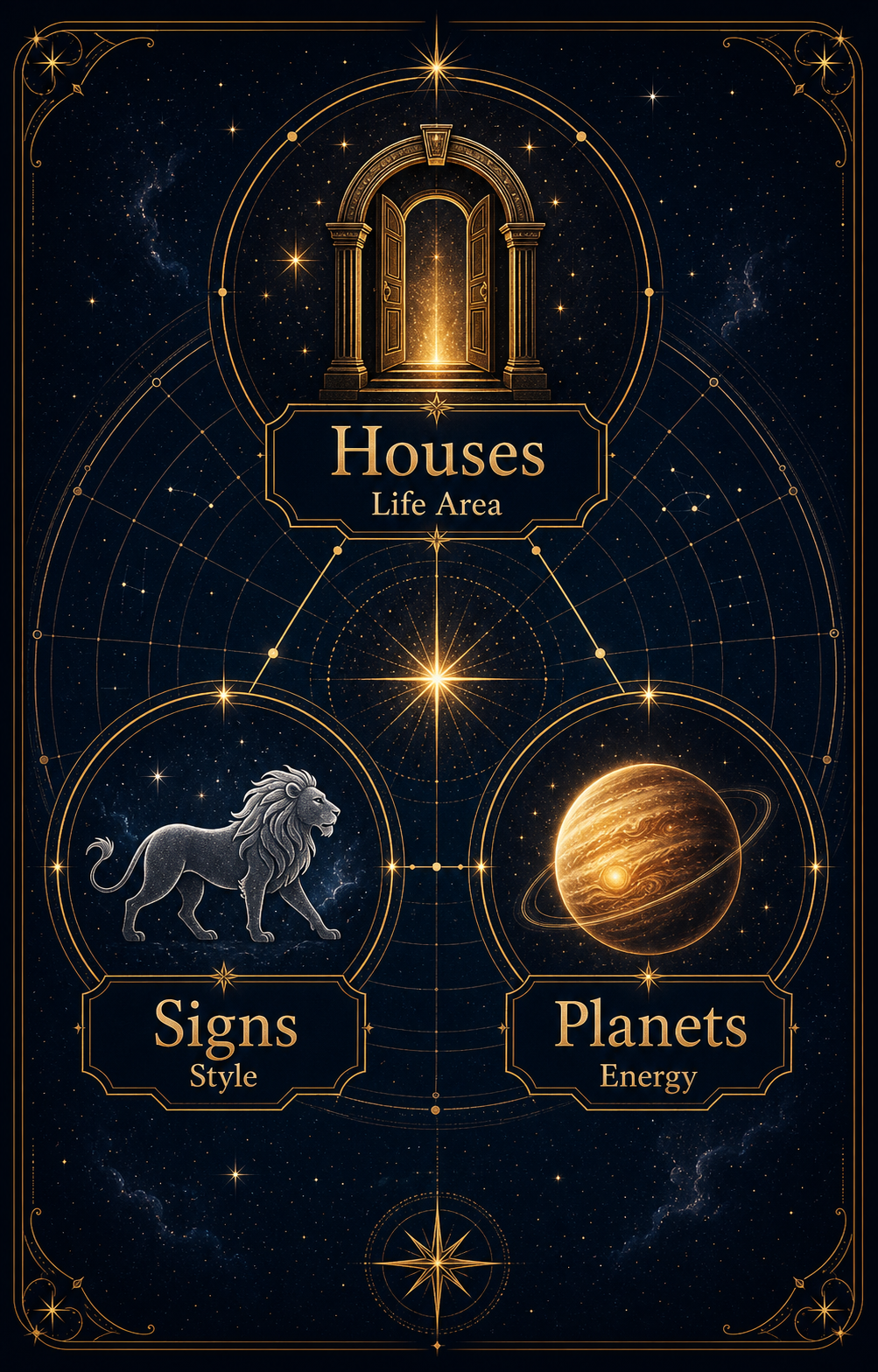 Astrology houses signs and planets infographic explaining life area, style, and energy