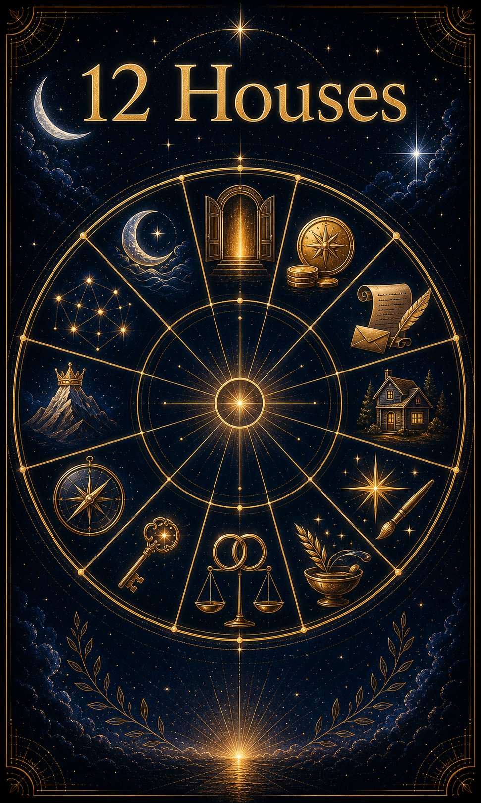 Astrology houses hero with precise 12-section house wheel and life area symbols