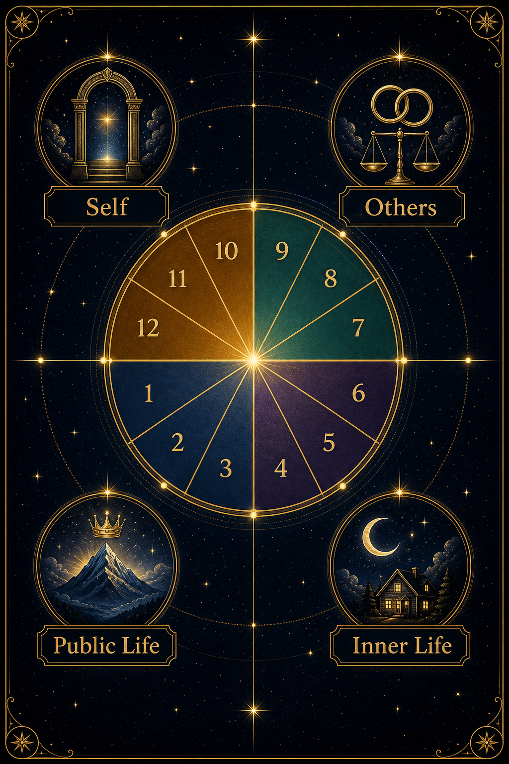 Astrology house quadrants infographic with self, others, public life, and inner life
