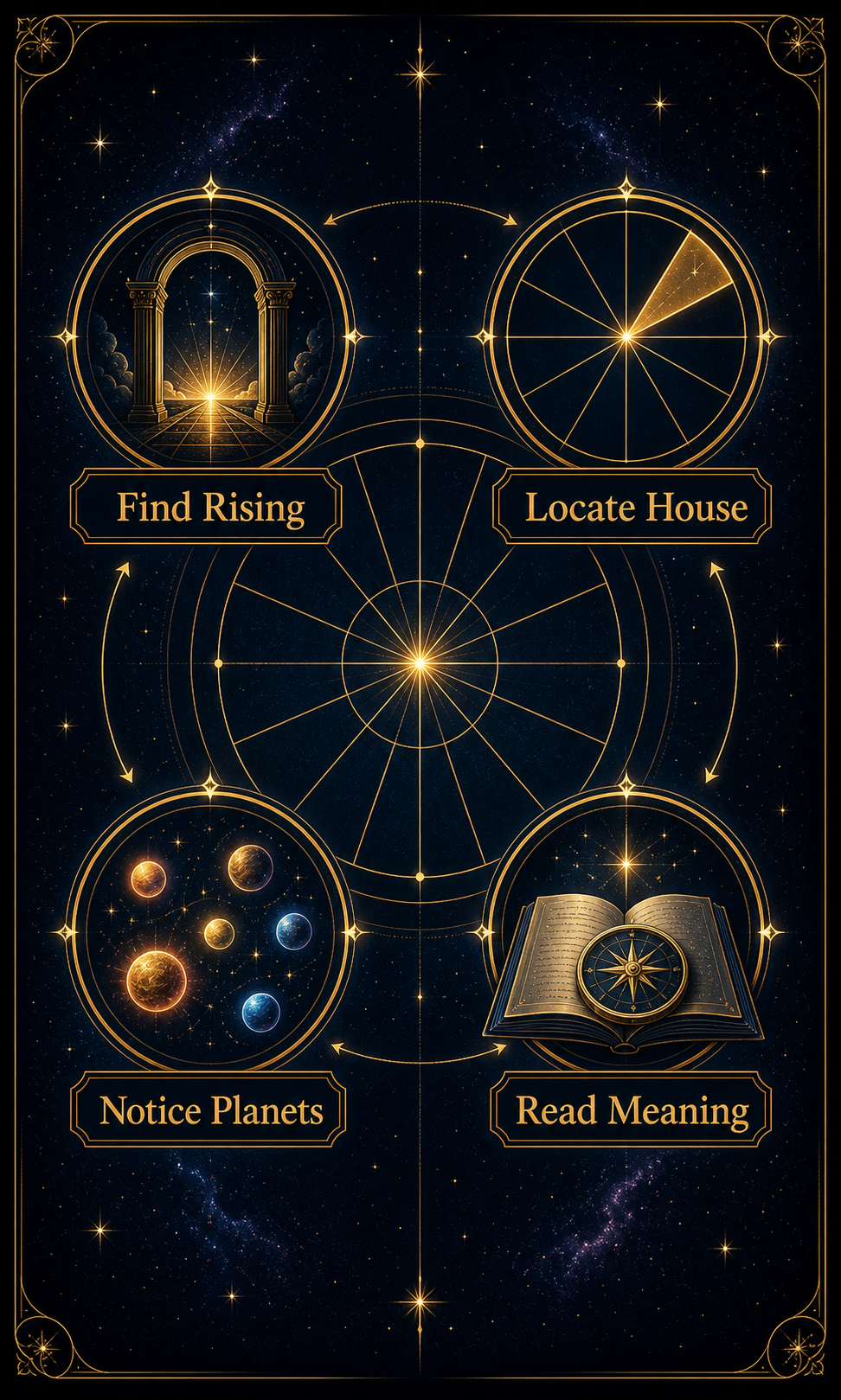 How to read astrology houses infographic with find rising, locate house, notice planets, and read meaning