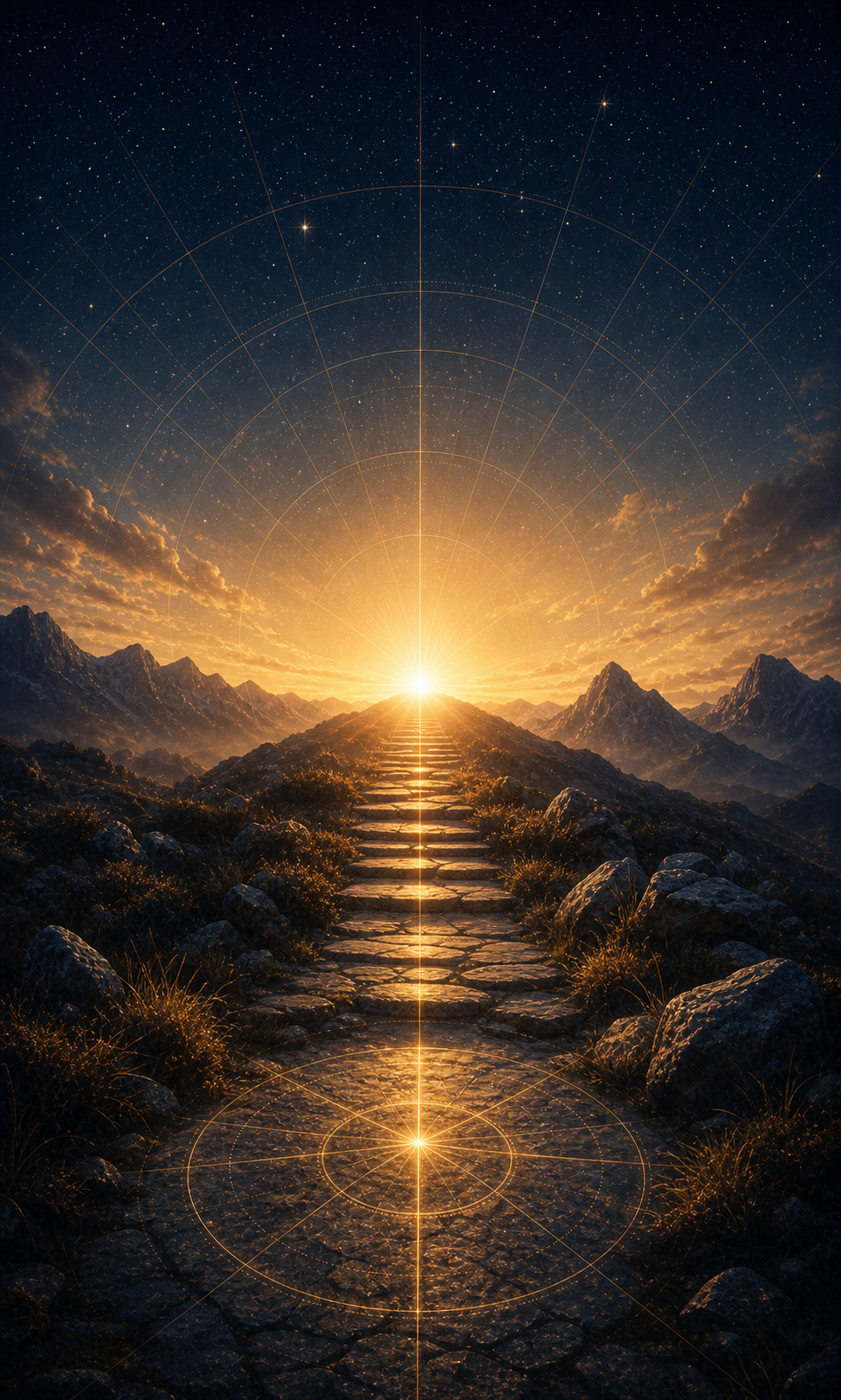 1st House integration image with a dawn path, golden chart geometry, and a luminous horizon doorway