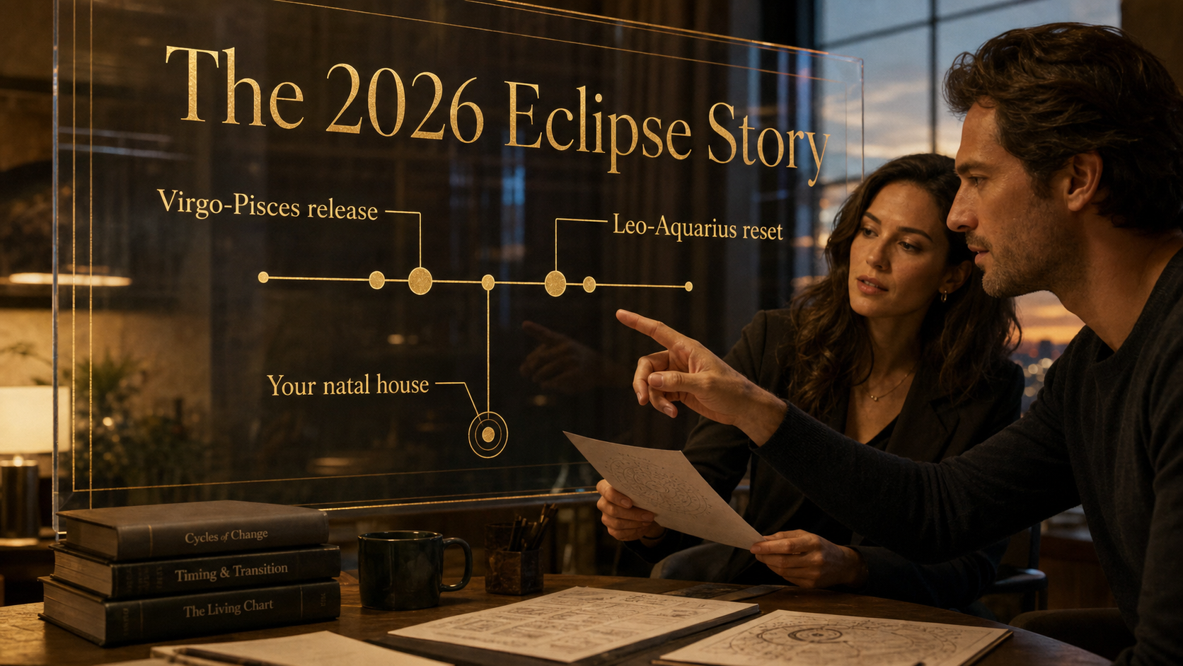 2026 eclipse story image with readable labels for the Virgo Pisces release, Leo Aquarius reset, and natal house layer