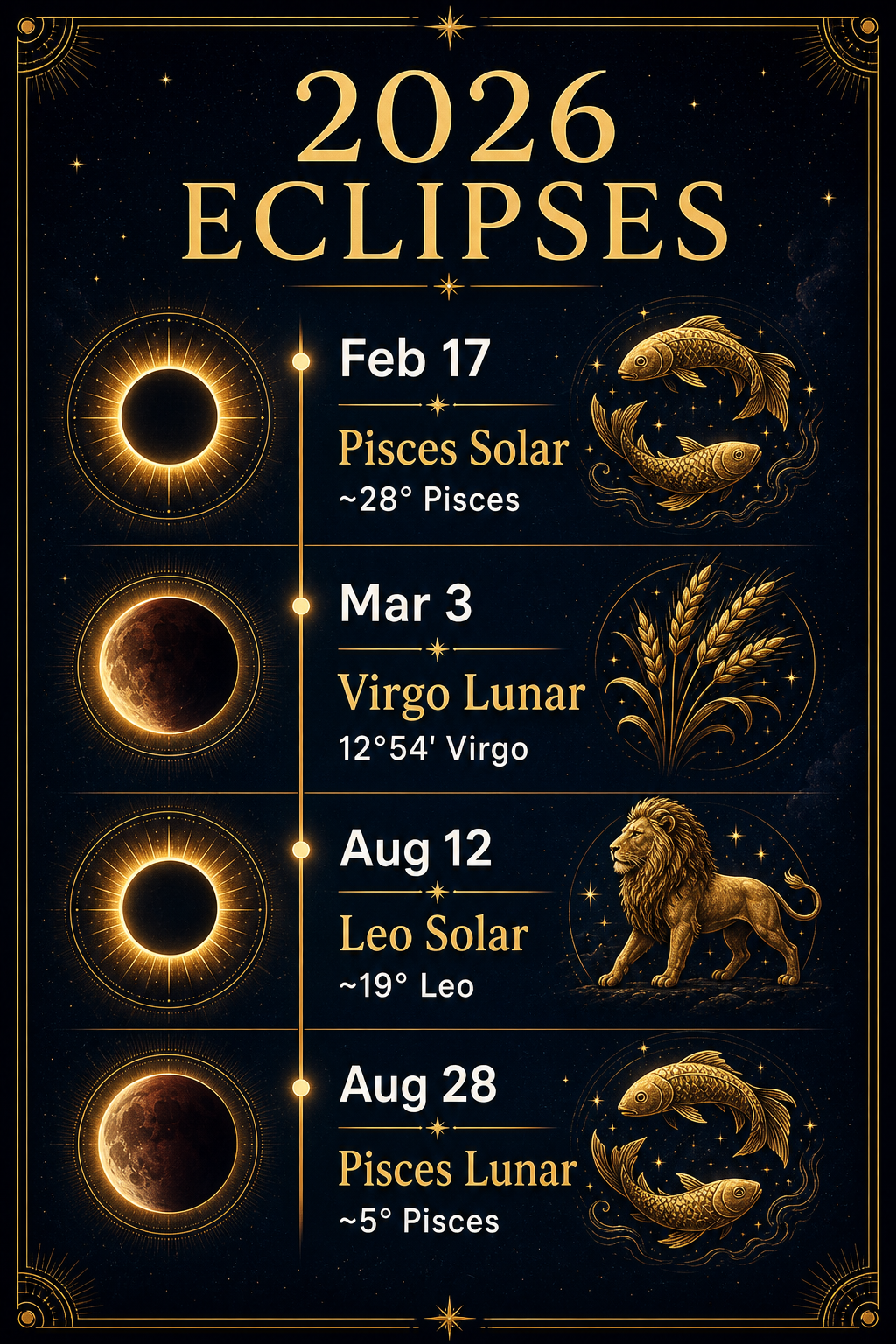2026 eclipse dates timeline with February 17 Pisces solar eclipse, March 3 Virgo lunar eclipse, August 12 Leo solar eclipse, and August 28 Pisces lunar eclipse