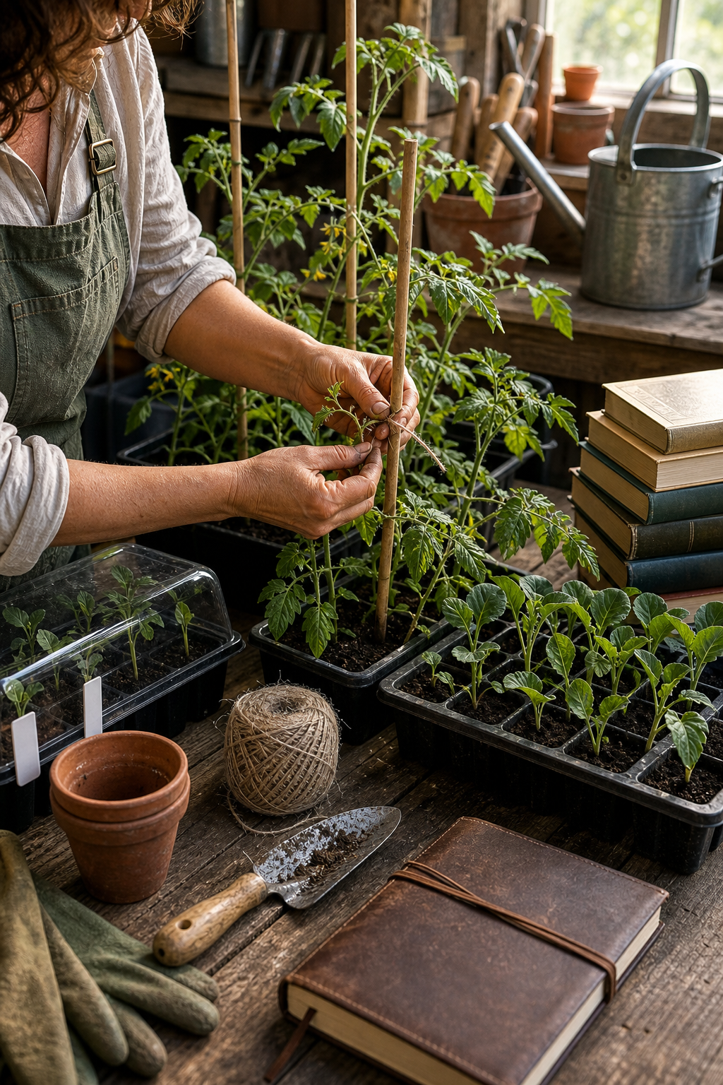 2026 growth and structure scene with hands tying young tomato plants, seed trays, garden twine, tools, and a closed notebook