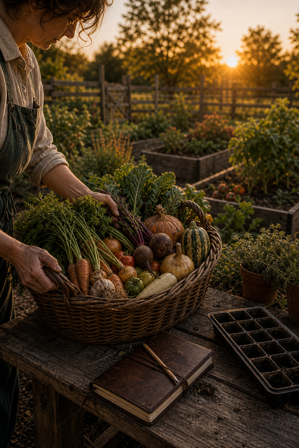 2026 harvest season scene with a full basket of vegetables, herbs, an empty seed tray, closed notebook, and golden garden light