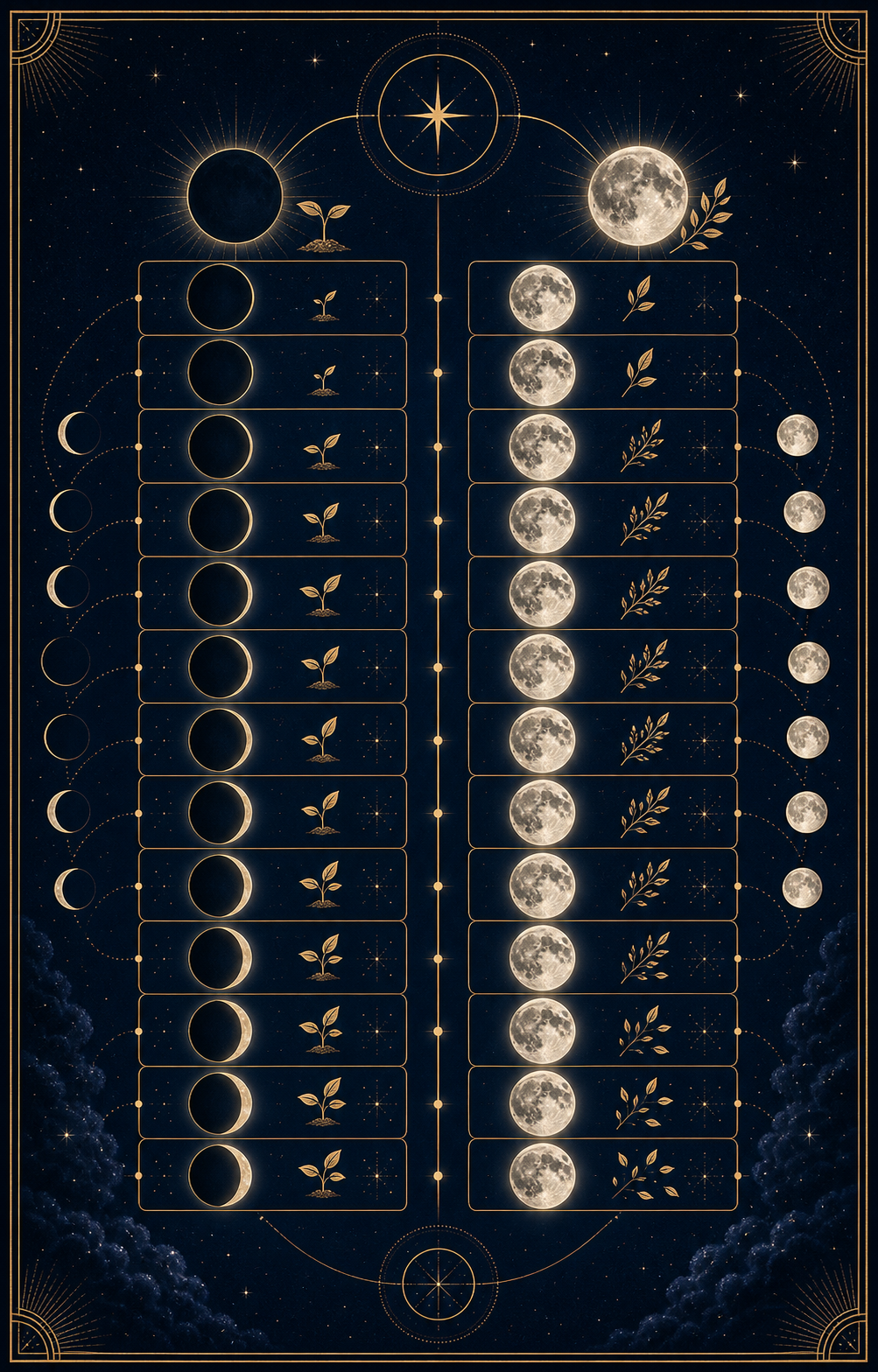 2026 moon calendar image showing parallel new moon and full moon planning tracks without dates