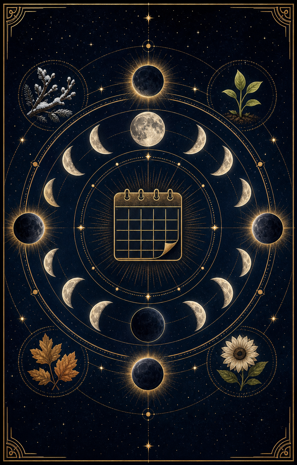 2026 lunar year overview image with moon phases, eclipse shadows, calendar, and seasonal symbols