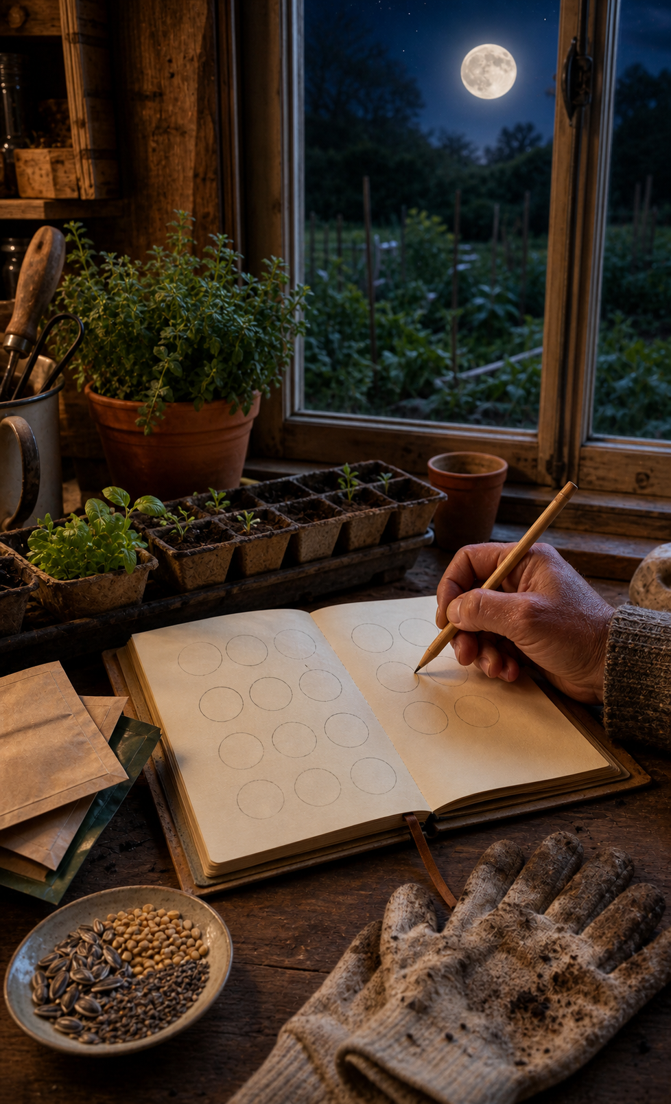 Lunar gardening planner with seed trays, blank moon phase circles, seeds, gloves, and moonlit garden window