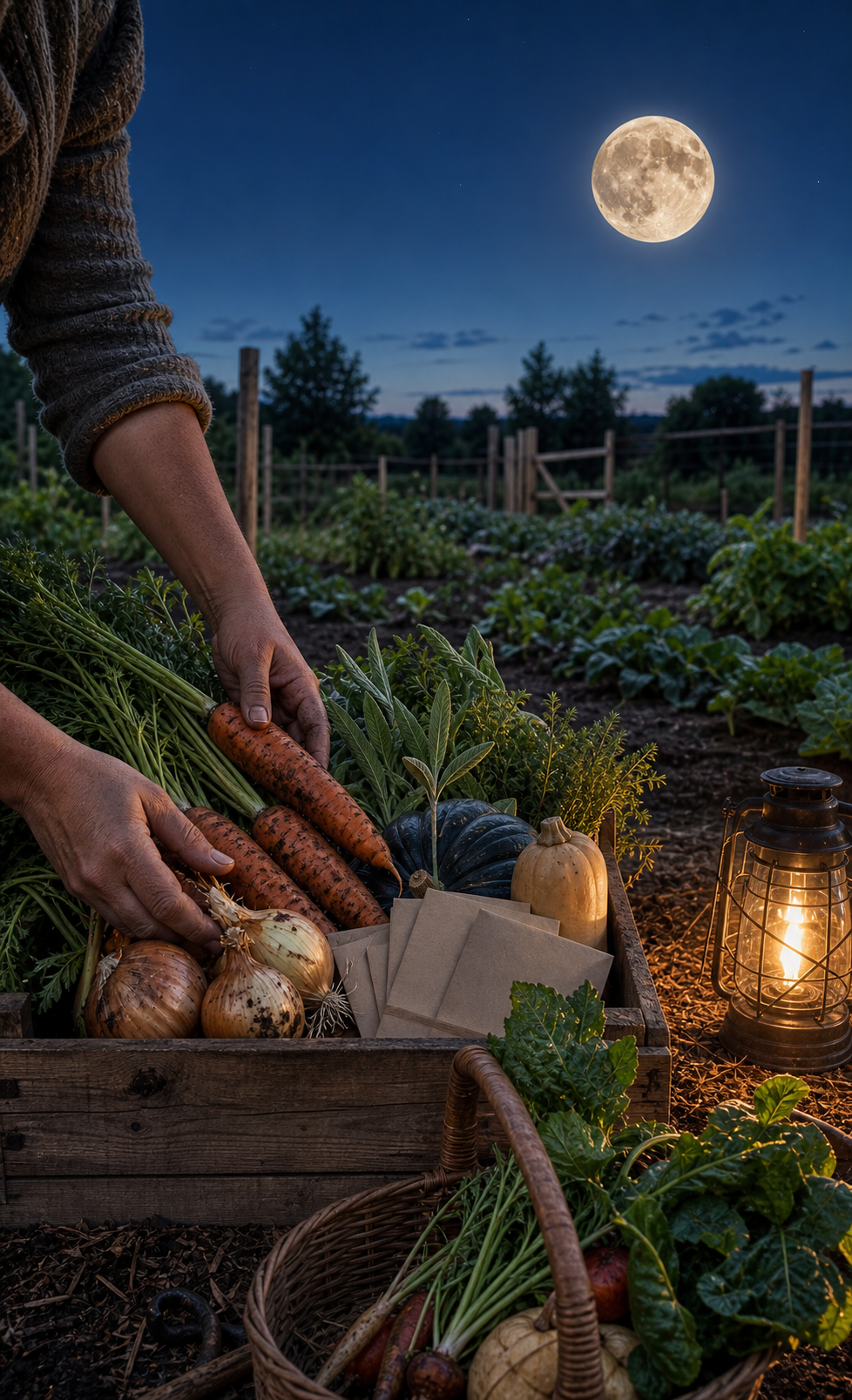 Autumn lunar harvest with carrots, onions, squash, herbs, seed envelopes, lantern, and full moon over a garden