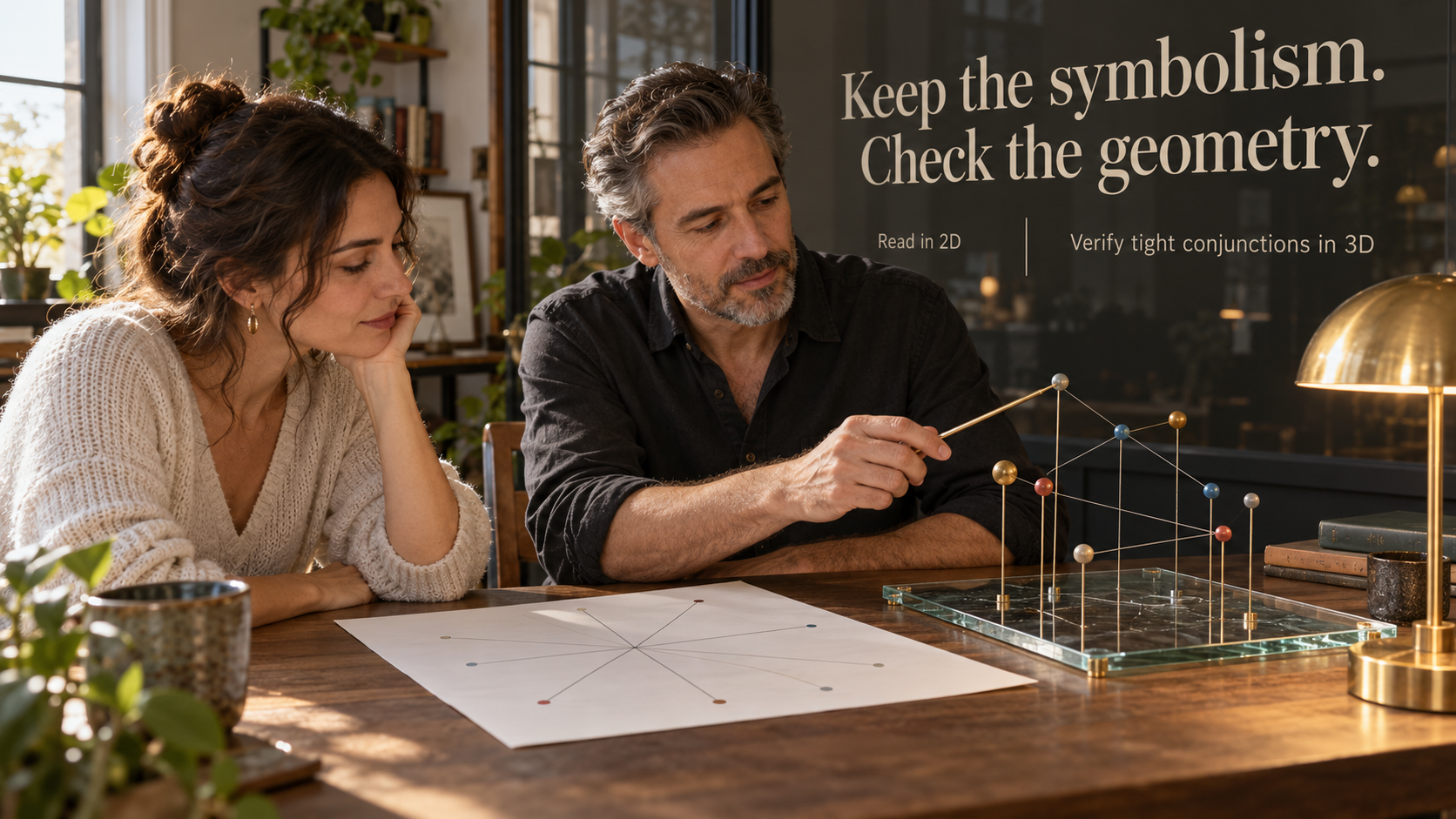 An astrologer and client compare a traditional flat chart with a three-dimensional geometry model