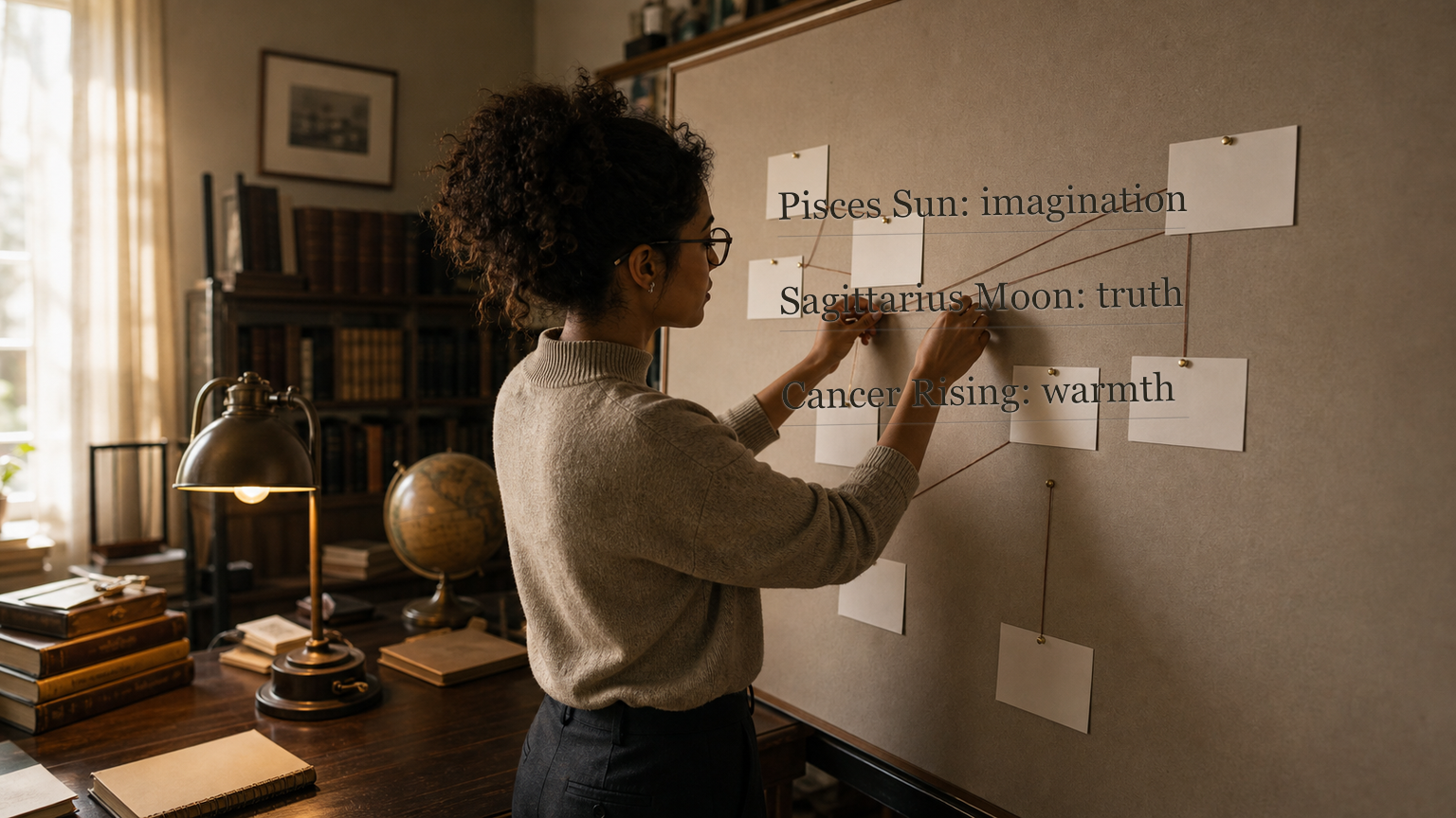 Researcher mapping Einstein birth chart themes on a wall with Pisces Sun, Sagittarius Moon, and Cancer Rising notes