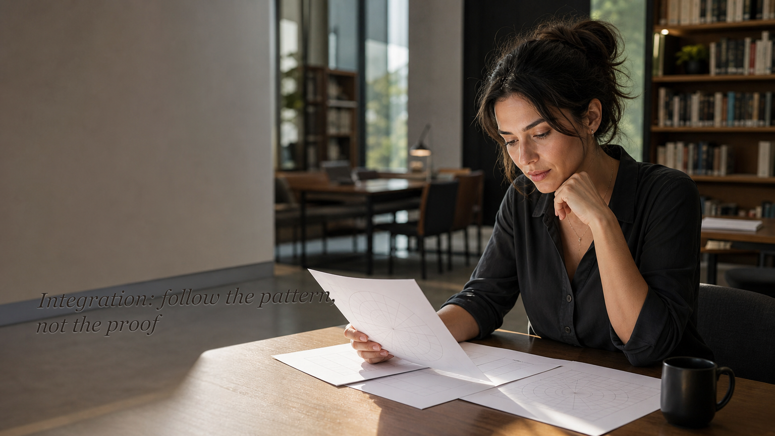 Person reviewing symbolic chart analysis in a quiet library with integration text on the wall