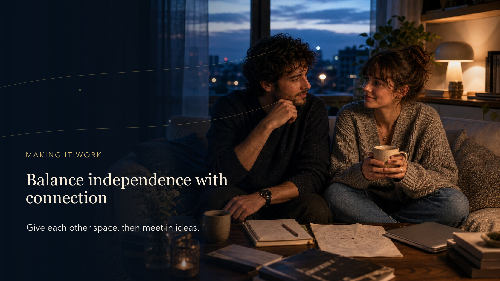 Aquarius and Gemini compatibility image showing a couple balancing independence, connection, and shared ideas