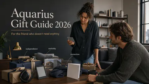 Two adults compare thoughtful gifts at a table for an Aquarius Gift Guide 2026 article