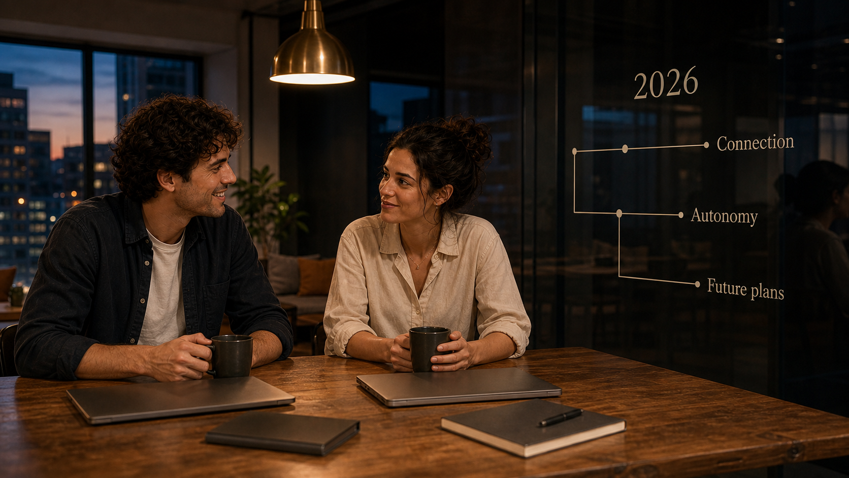Libra and Aquarius compatibility image with a real-life planning scene and glass timeline labels