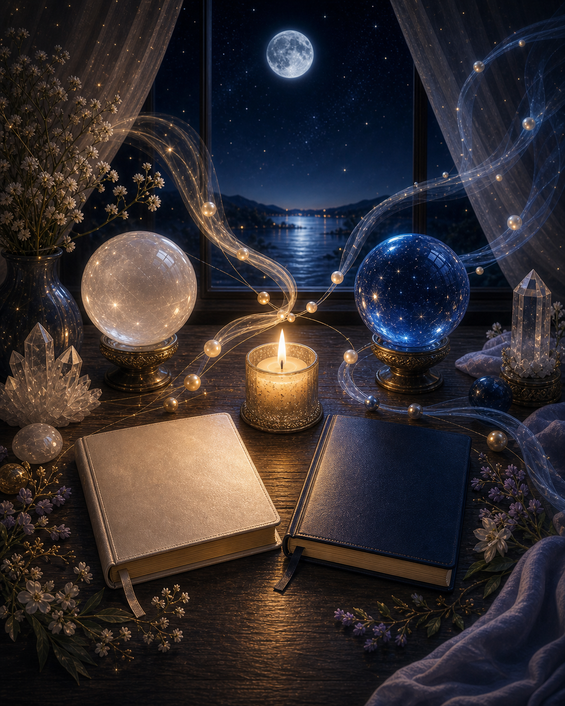 Libra and Aquarius integration image with paired journals, crystal spheres, candle, and soft air ribbons