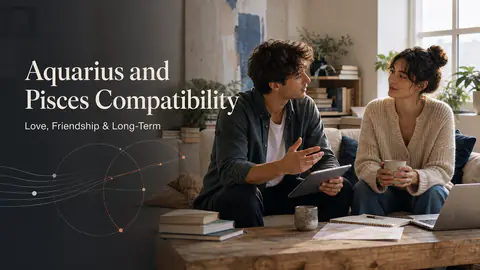 Aquarius and Pisces compatibility image showing love, friendship, and long-term relationship themes