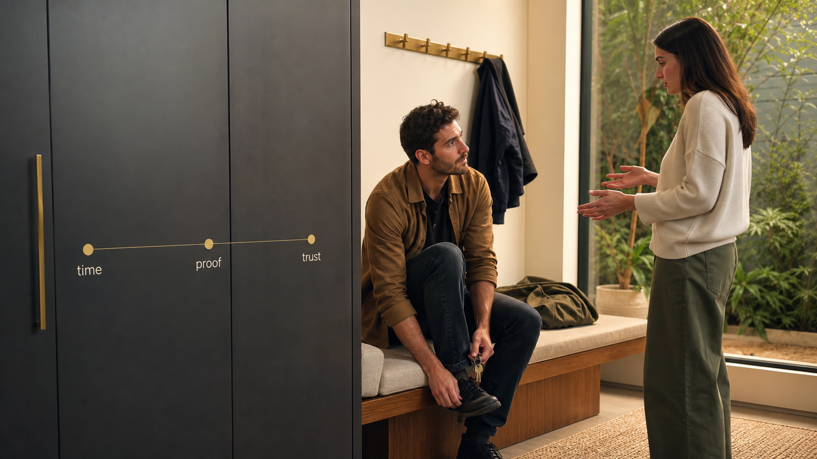 Entryway scene with time proof and trust labels for Taurus forgiveness