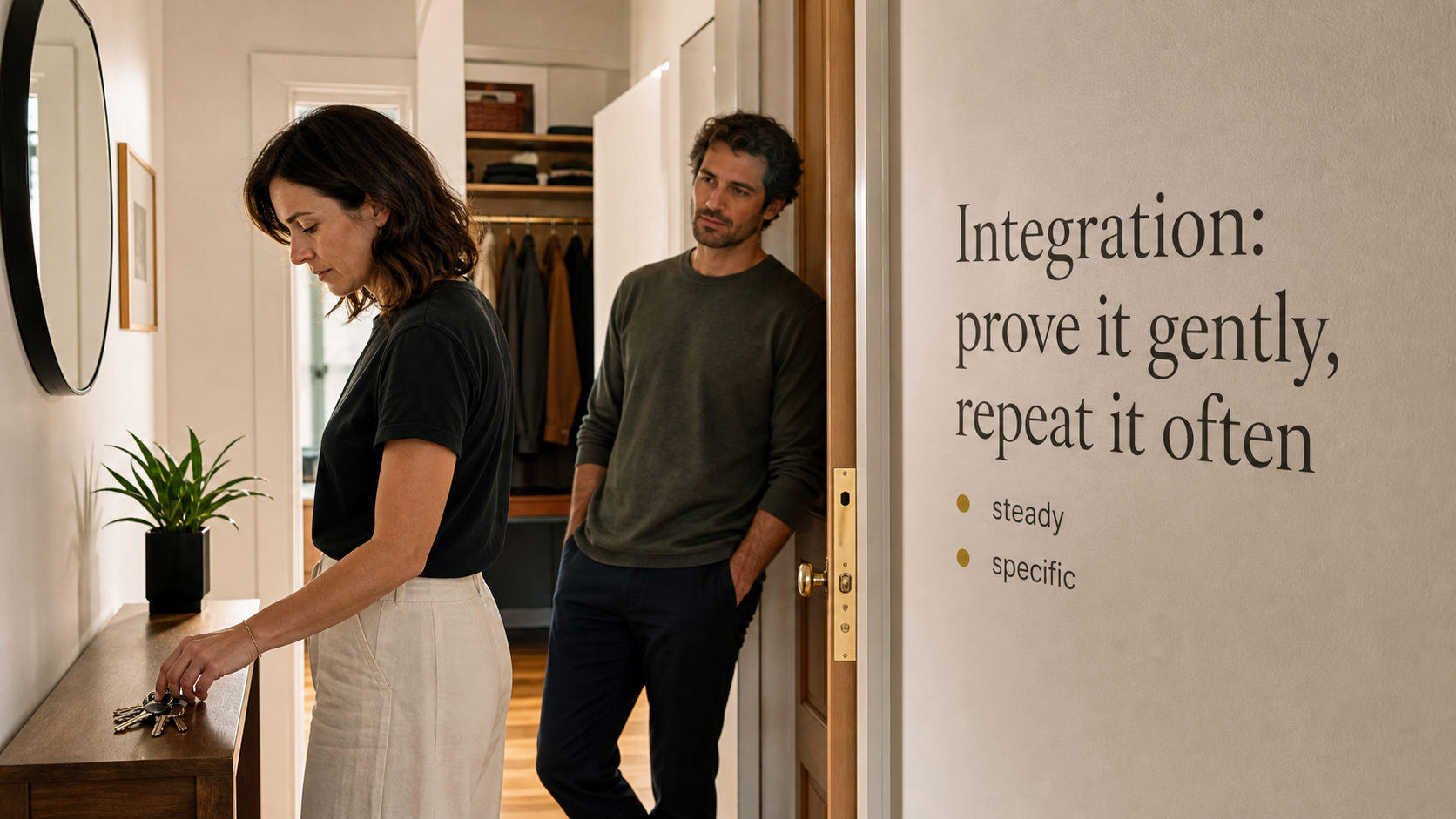 Hallway repair conversation showing how Taurus trust rebuilds through repeated proof