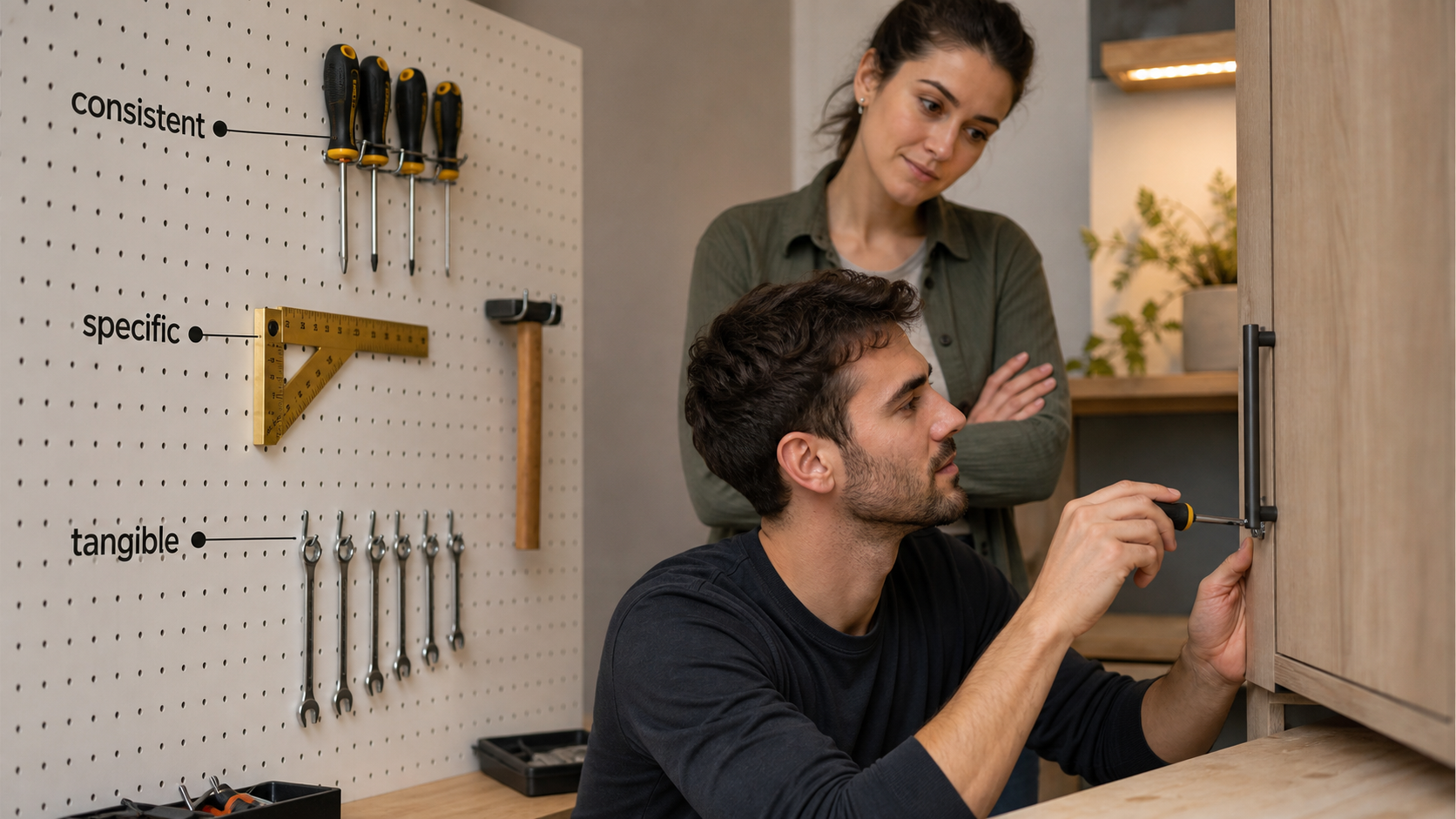 Modern repair workshop scene showing consistent specific and tangible actions for Taurus forgiveness