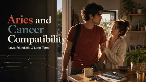 Aries and Cancer compatibility image showing love, friendship, and long-term relationship themes
