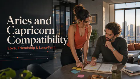 Aries and Capricorn compatibility image showing love, friendship, and long-term relationship themes
