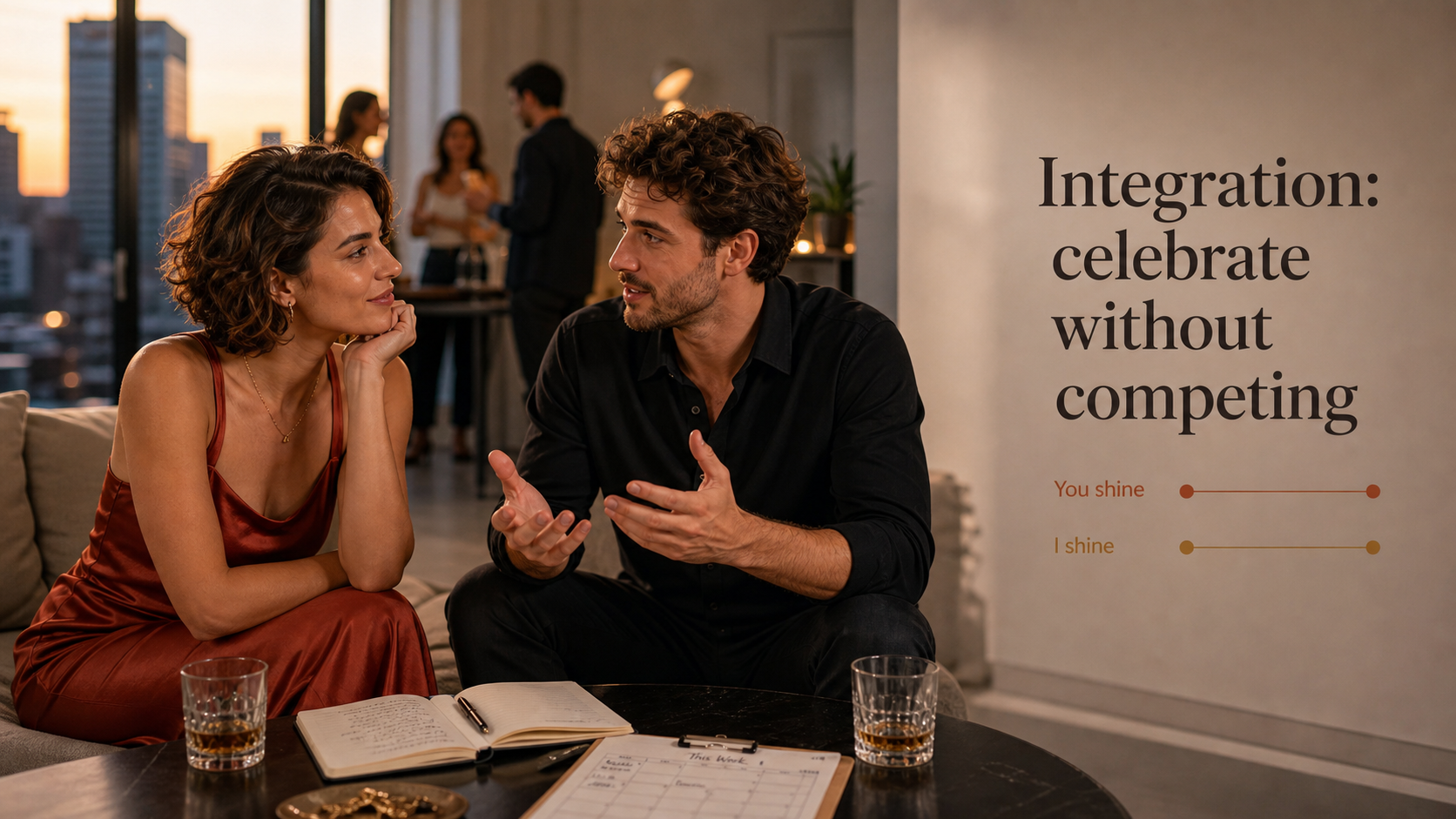 Aries and Leo compatibility integration image showing partners celebrating without competing