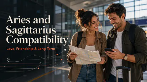 Aries and Sagittarius compatibility image showing love, friendship, and long-term relationship themes