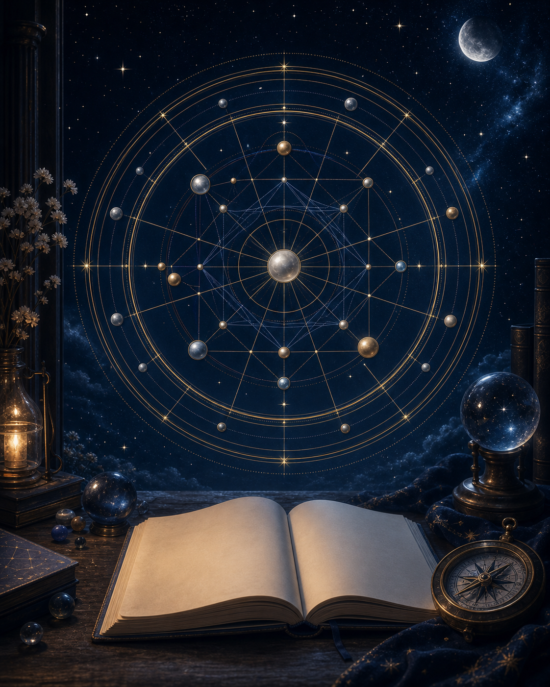 Natal chart wheel with notebook and night sky background — how to read your birth chart guide