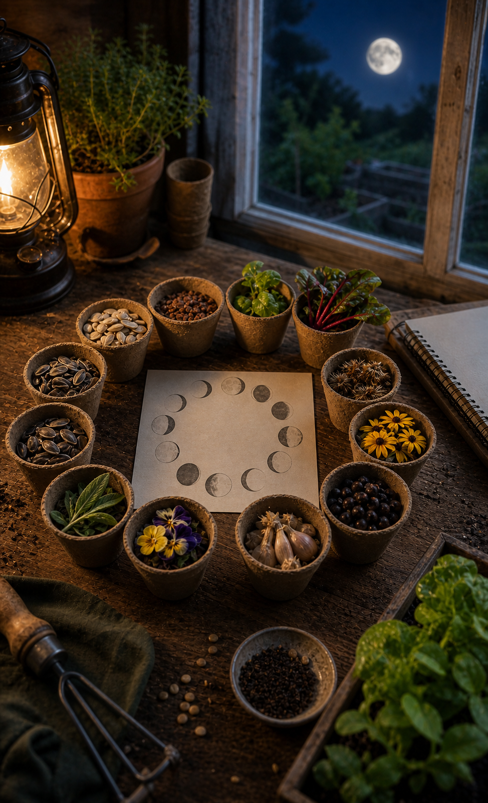 Moon sign gardening element cups with leaves, roots, flowers, fruit seeds, and a blank moon phase card