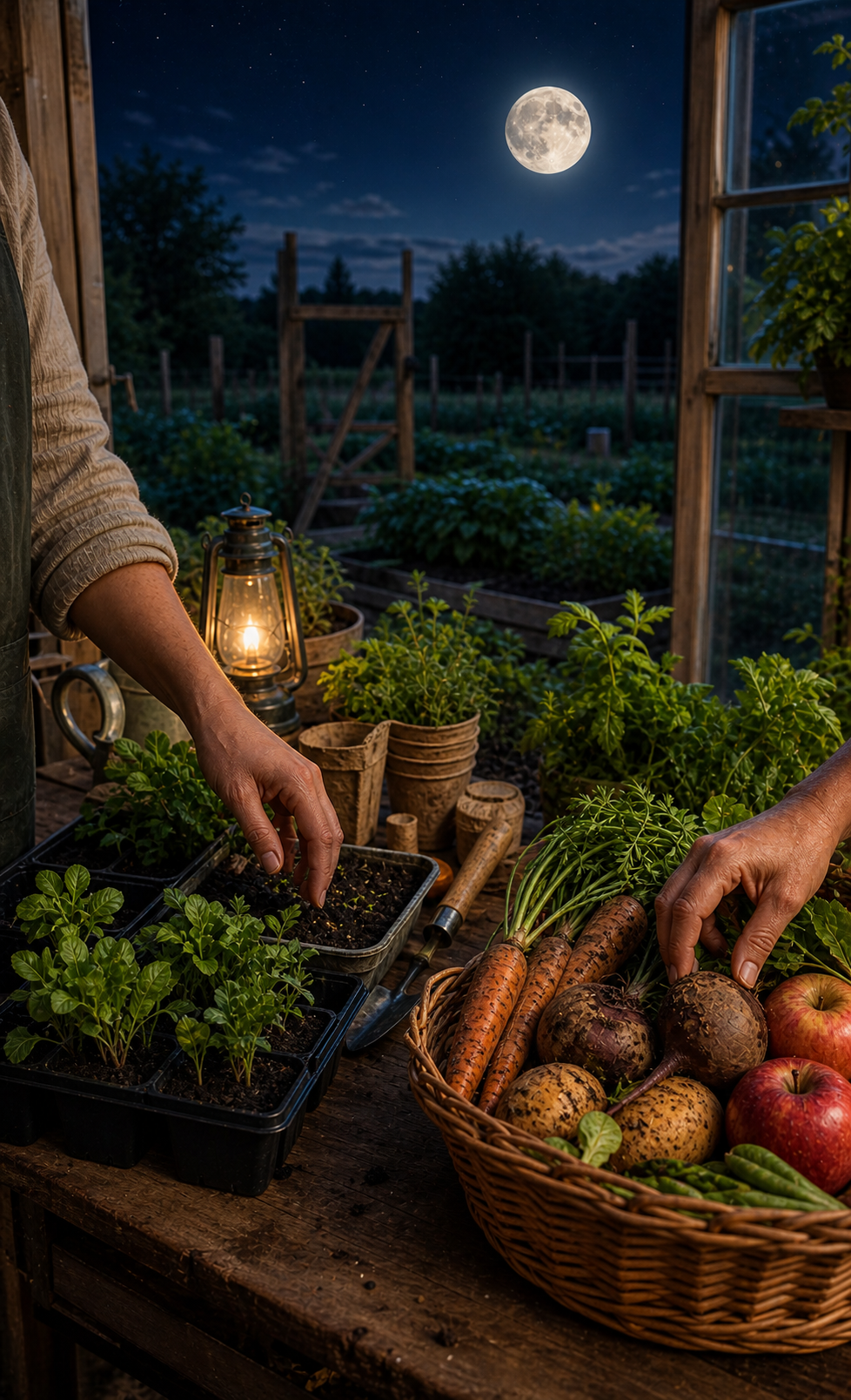Planting and harvesting choice with seed trays, leafy starts, a harvest basket, root vegetables, and moonlit garden beds