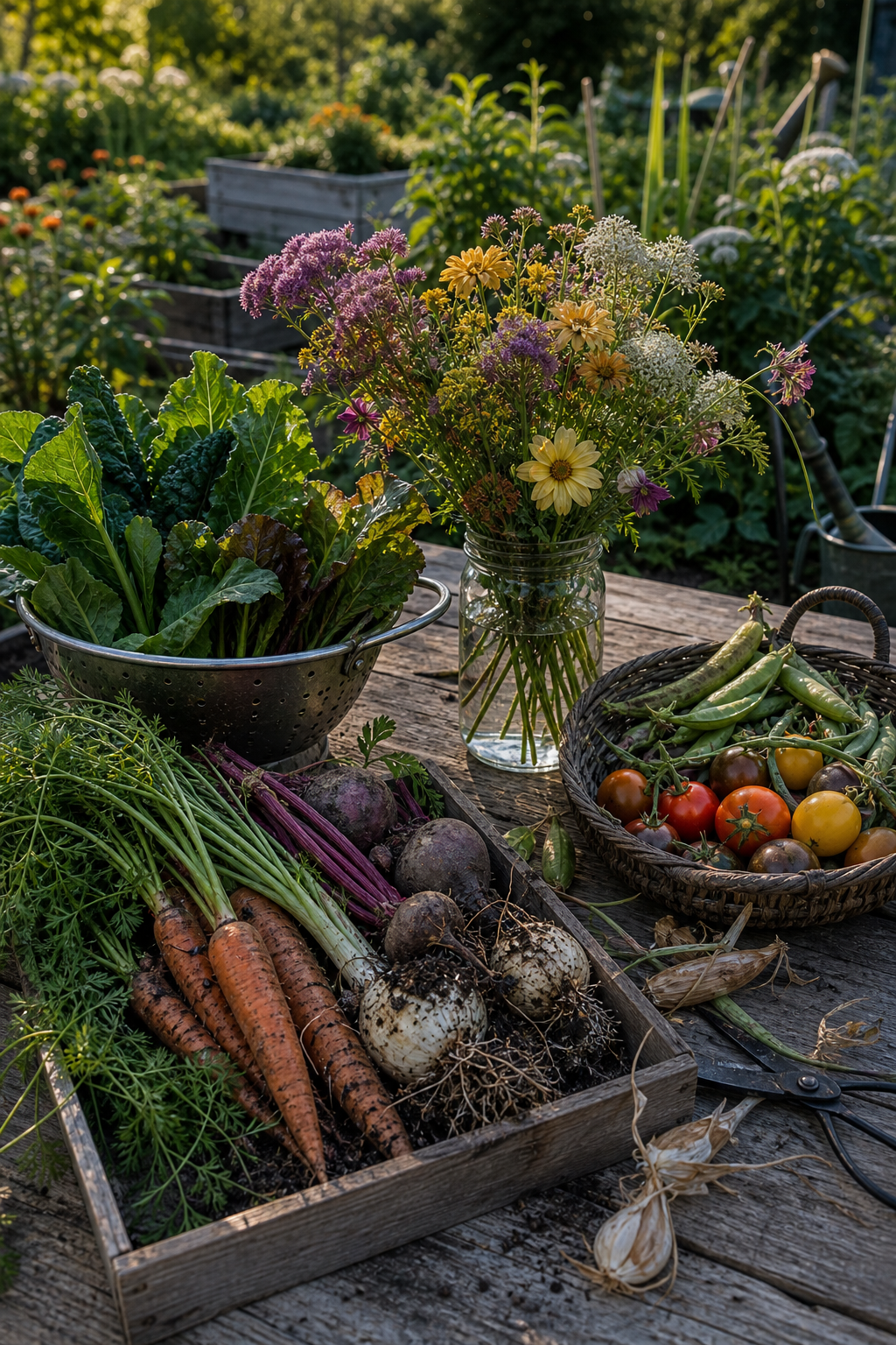 Biodynamic root, leaf, flower, and fruit harvest groups on a garden table with soil, greens, blooms, tomatoes, and seed pods
