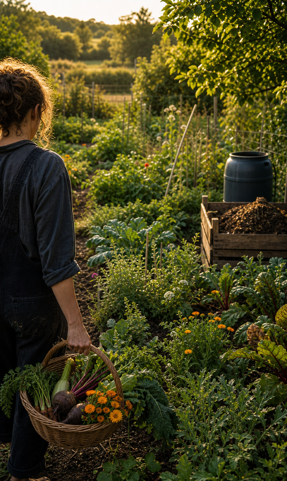 Biodynamic garden ecosystem with mixed vegetable beds, flowers, compost, water barrel, and a harvest basket in golden light
