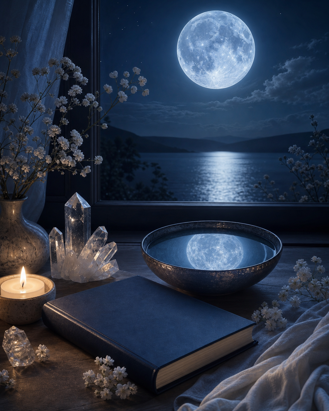 Blue Moon integration image with moon reflection, journal, candle, crystals, and white flowers