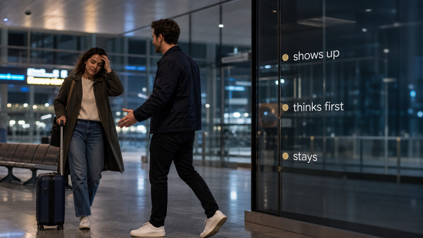 Modern arrivals hall scene with shows up thinks first and stays labels for Aquarius emotional reliability