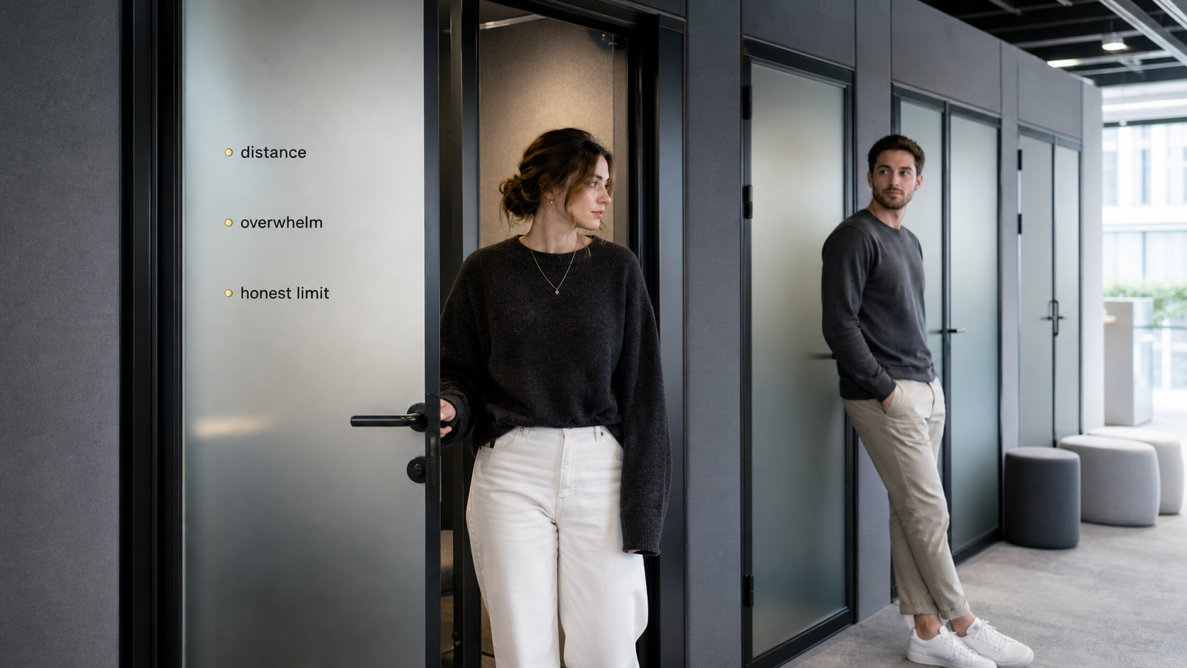 Modern coworking corridor scene showing Aquarius distance overwhelm and honest limits