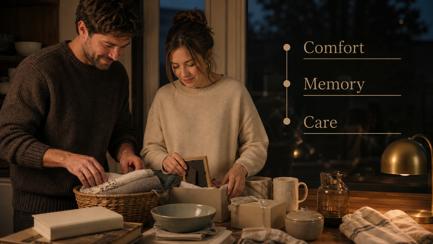 Two adults arrange comfort gifts with labels for a Cancer Gift Guide 2026 article