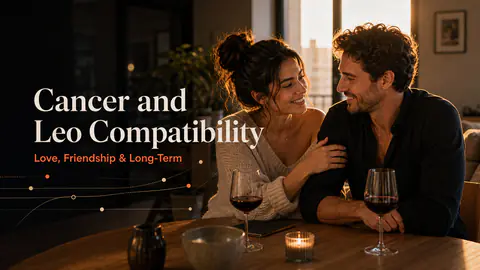Cancer and Leo compatibility image showing love, friendship, and long-term relationship themes