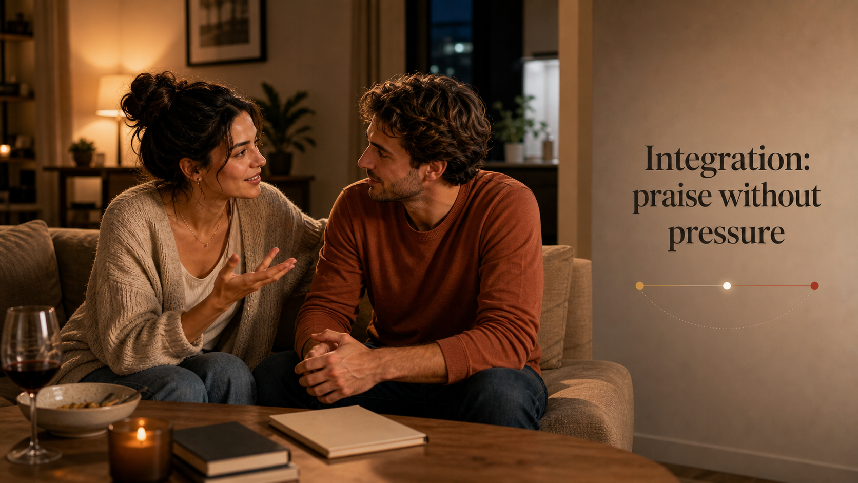 Cancer and Leo compatibility integration image showing partners giving praise without pressure
