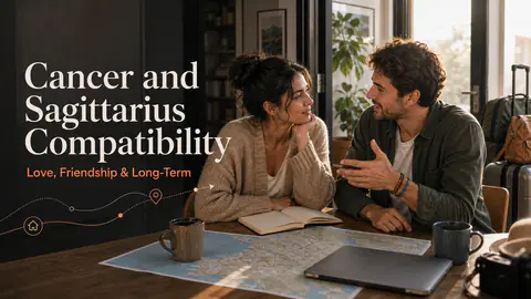 Cancer and Sagittarius compatibility image showing love, friendship, and long-term relationship themes