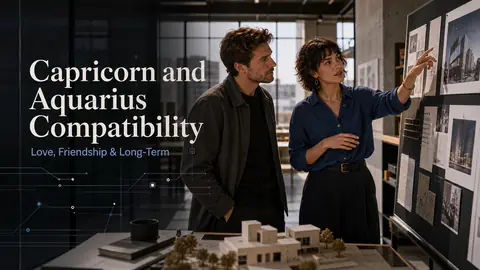 Capricorn and Aquarius compatibility image showing love, friendship, and long-term relationship themes