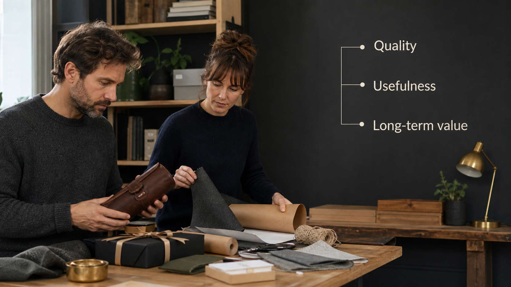 Two adults evaluate durable gifts with labels for a Capricorn Gift Guide 2026 article