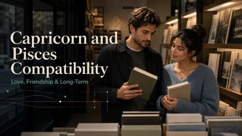 Capricorn and Pisces compatibility image showing love, friendship, and long-term relationship themes