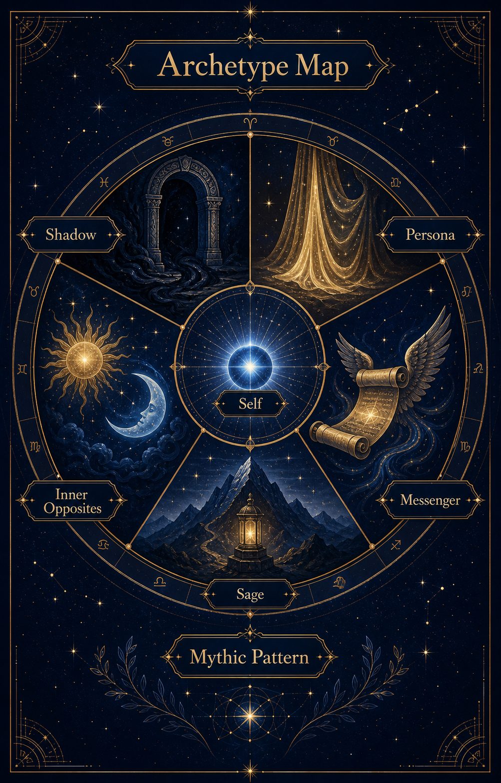 Jungian archetype map linking Self, Shadow, Persona, inner opposites, and mythic pattern to a natal chart wheel