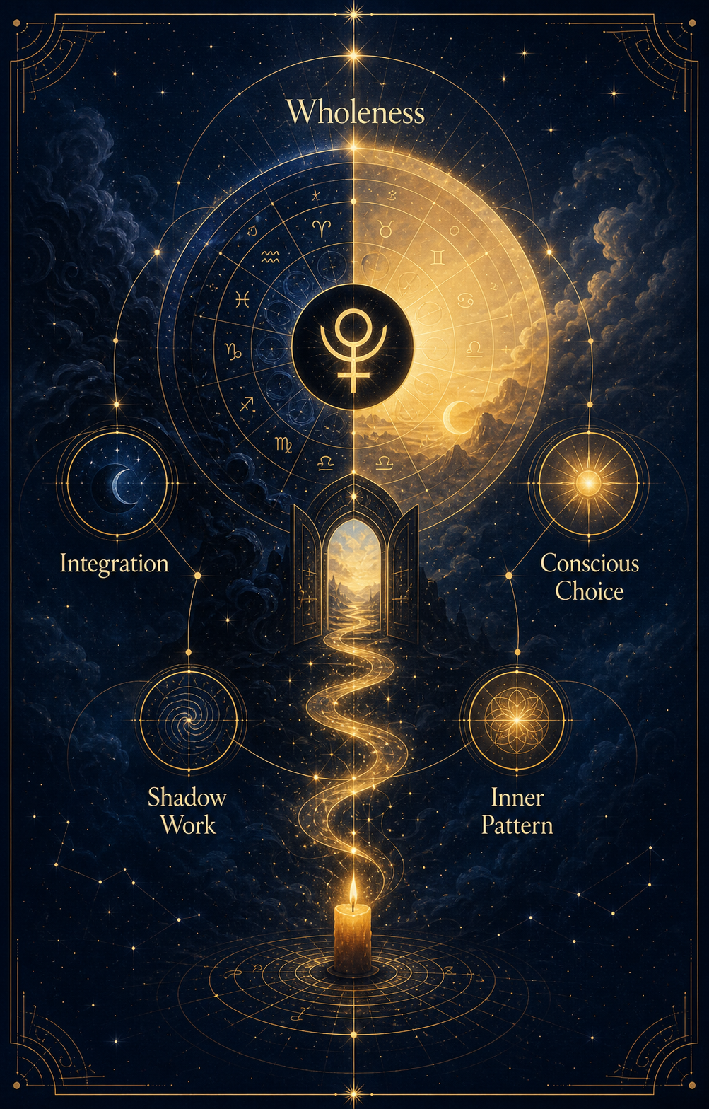 Jungian shadow integration shown as a dark and light astrology mandala with a path toward wholeness