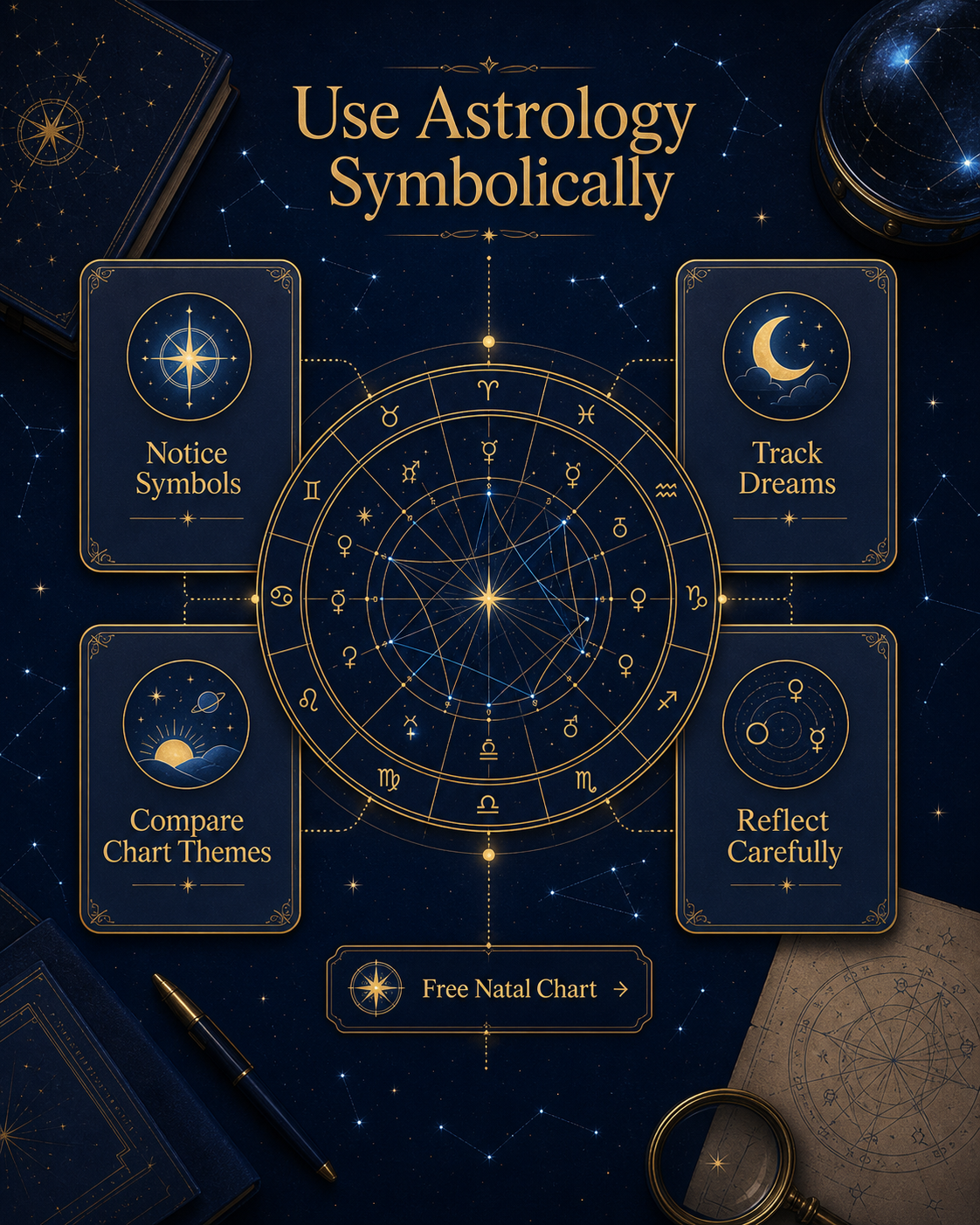 A symbolic astrology guide showing chart themes, dreams, reflection, and the free natal chart tool