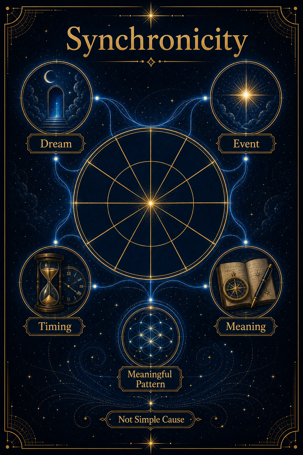 Synchronicity infographic showing a natal chart connected to dream, timing, event, and meaningful pattern
