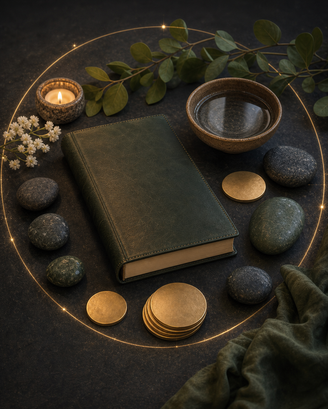 Chiron in Taurus practical healing image with blank journal, stones, leaves, water bowl, and plain gold discs
