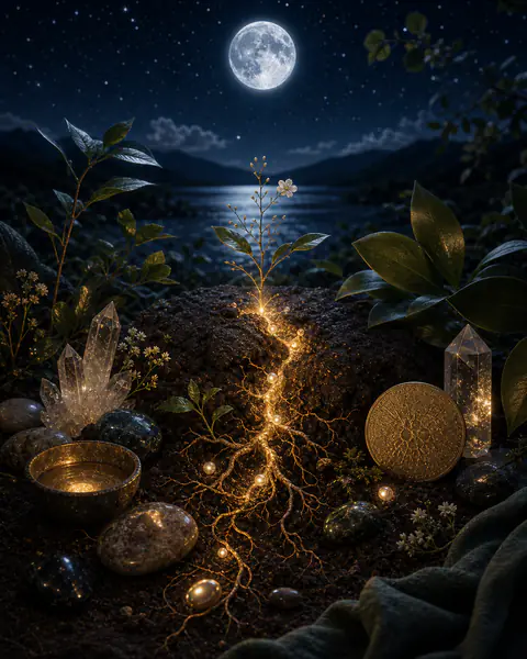 Chiron in Taurus healing image with glowing earth, gold, stones, and moonlit self-worth symbolism